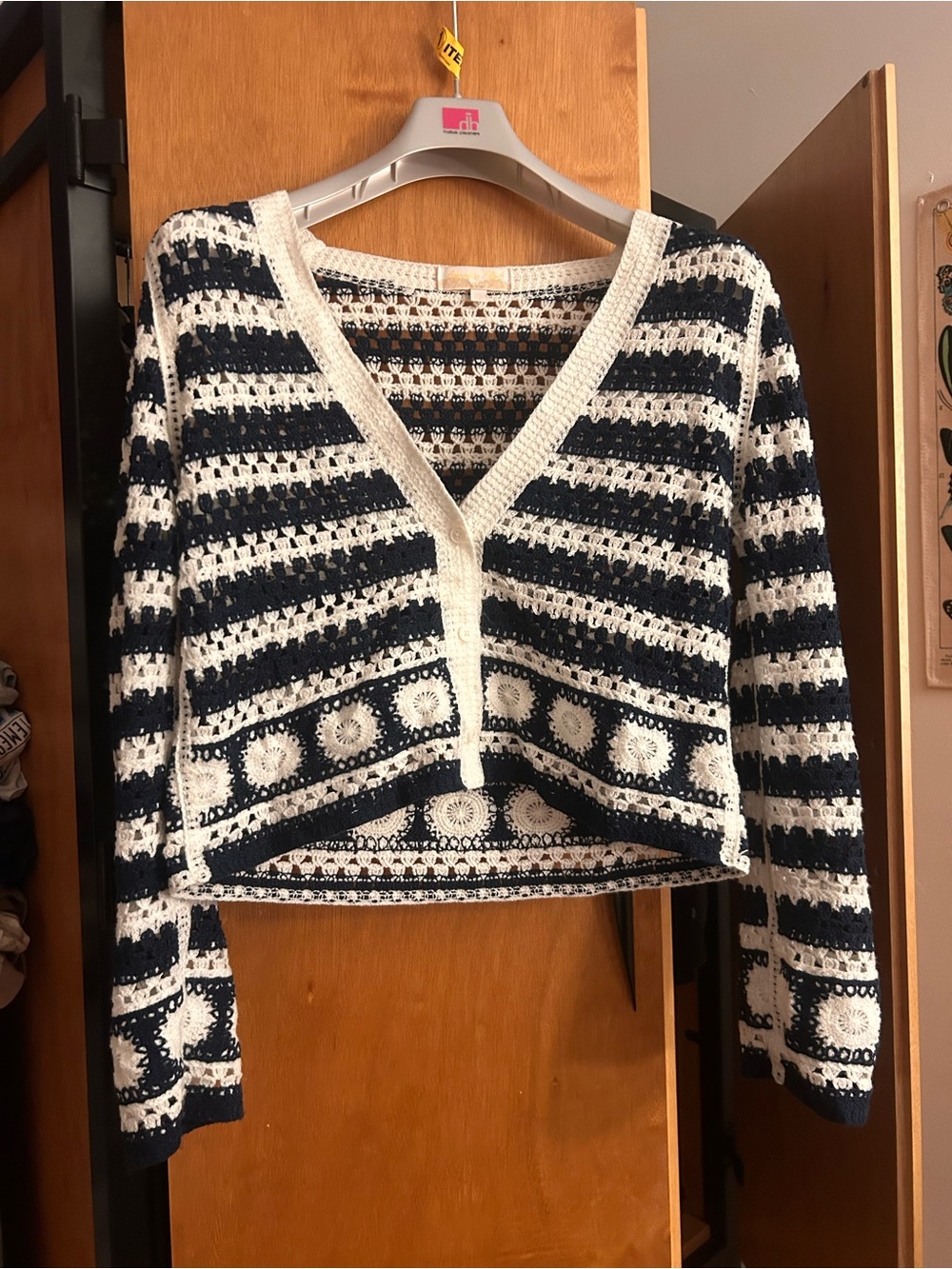 Striped Crochet V-Neck Sweater - Navy & White